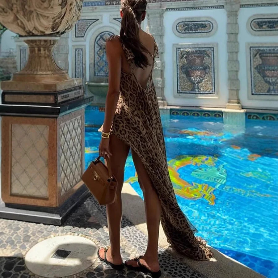 Womens Summer 2025 Beach Vacation Dress Set Chiffon Print Halter Long Loose Leopard Shorts Elegant Casual Outfit 250614