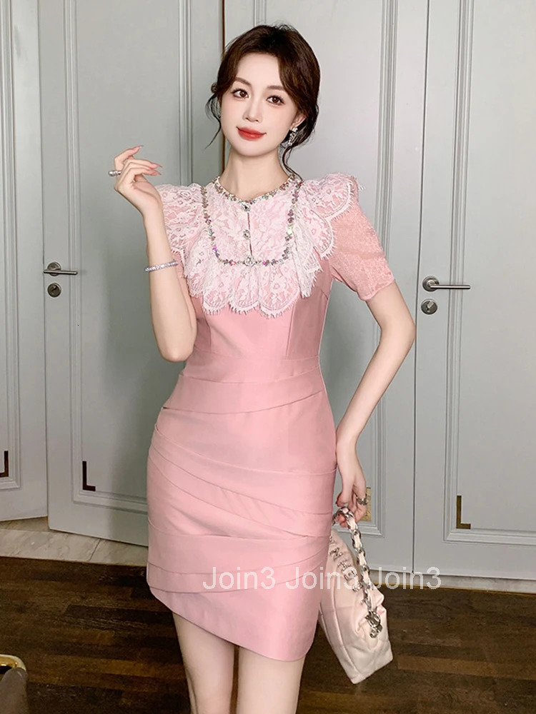 New Summer Fashion Pink Sweet Elegant Luxury Evening Dress Women Clothes Lace Splic Short Sleeve Slim Party Prom Vestidos Fiesta