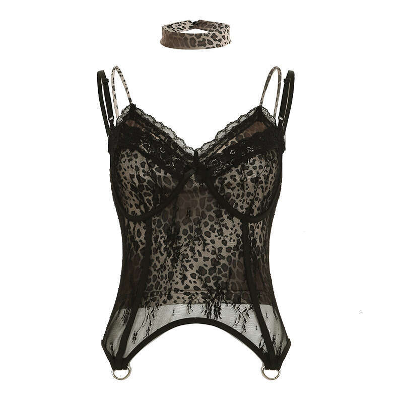 Street Style Sexy Fake Two-Piece Lace Camisole Slim Fit Irregular Short Leopard Print Tank Top B5