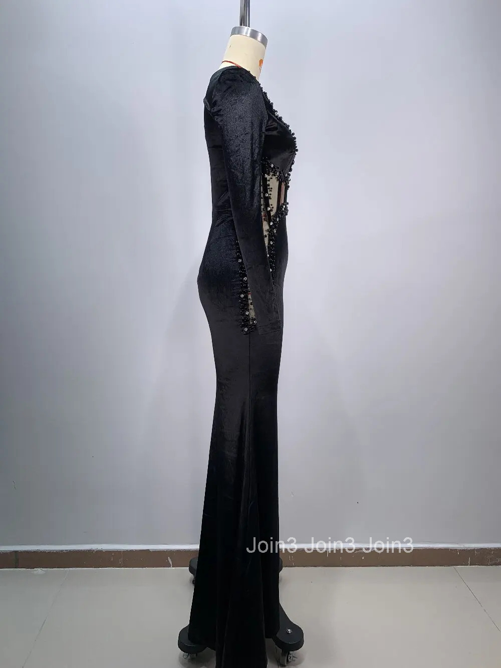 Autumn New Black Long Sleeve Beading Diamonds Embelling Trumpet Dress For Women Sexy Gauze Slim Club Party Clothing 72h Shipment