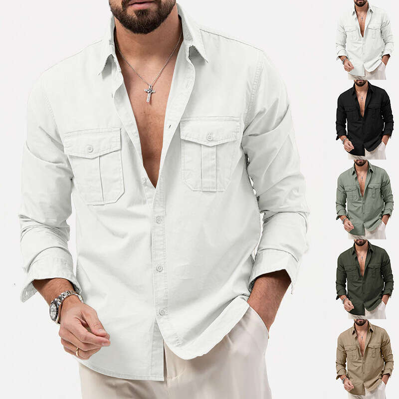 New Cross-Border Trade Simple European and American Men's Shirt with Multiple Pockets Casual Long Sleeve Top for Men