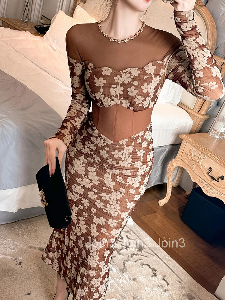 Women Clothes Fashion Elegant Luxury Floral Evening Dress Retro Sheer Sexy O-Neck Corset Skinny Long Robe Party Prom Vestido New