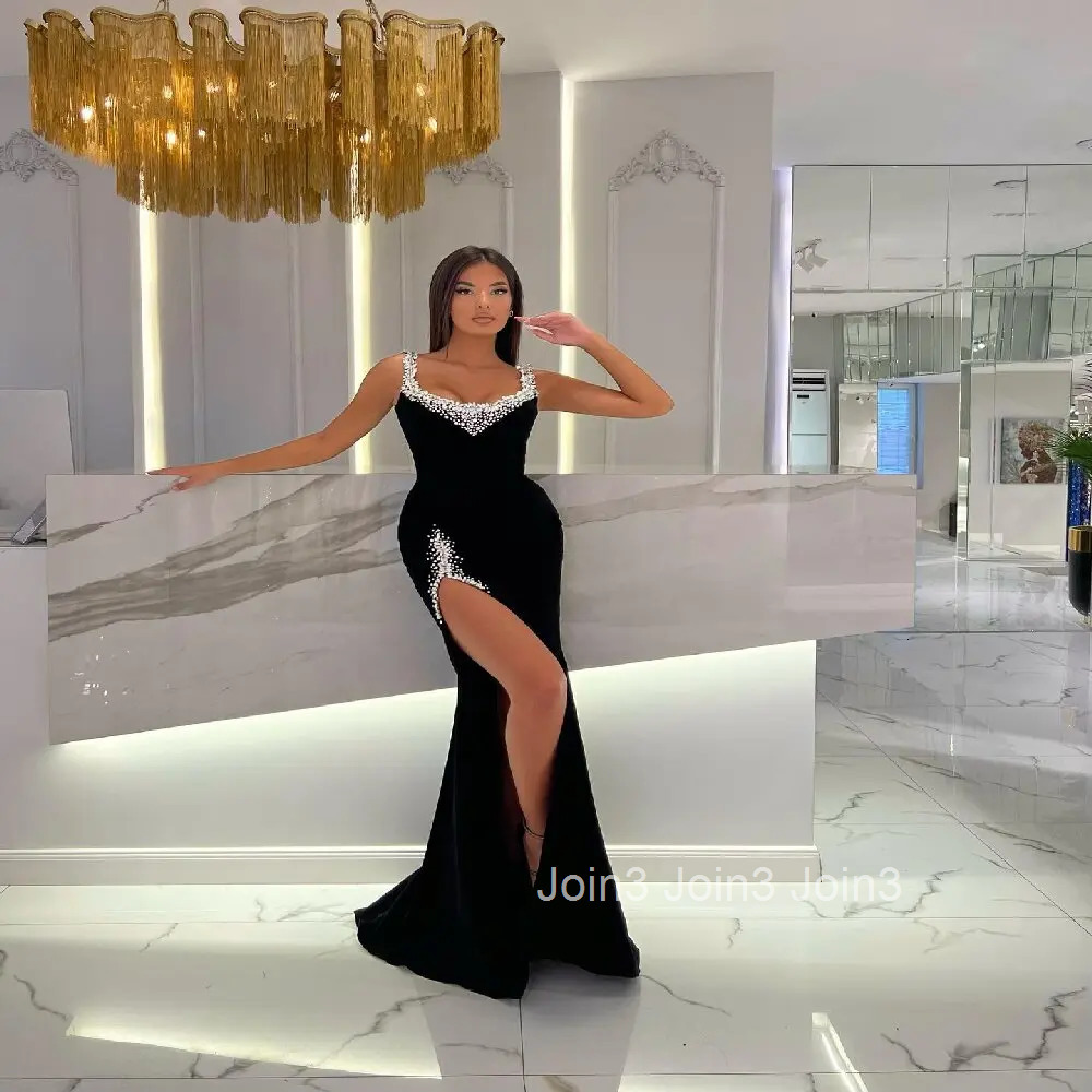 Black V-Neck Simple Bubble Bead Sleeveless Embroidered Diamonds Split Sling Dress Womens Clothing Elegant Evening Dinner Gown