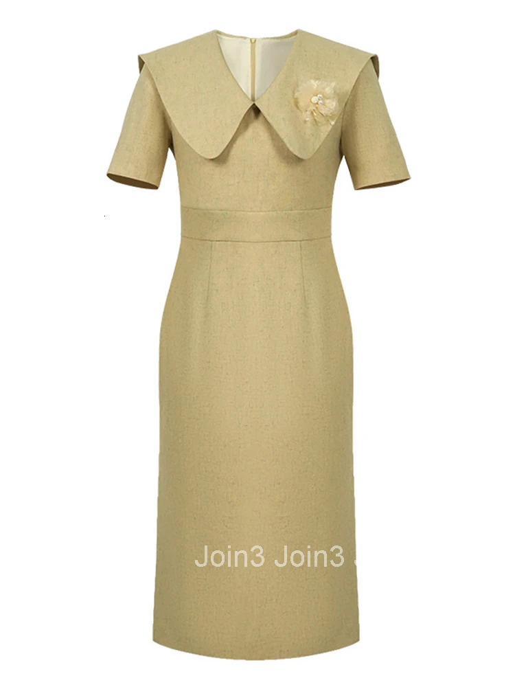 Summer Fashion Sweet Commute Formal Occasion Pencil Dress Women Clothes Elegant Office Peter Pan Collar Slim Slit Midi Vestidos