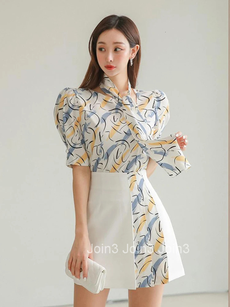 Summer 2 Pieces Outfits Women Elegant Print Short Sleeve Tops Shirt Blouse High Waist Mini Skirt Mujer Slim Set Street Clothes