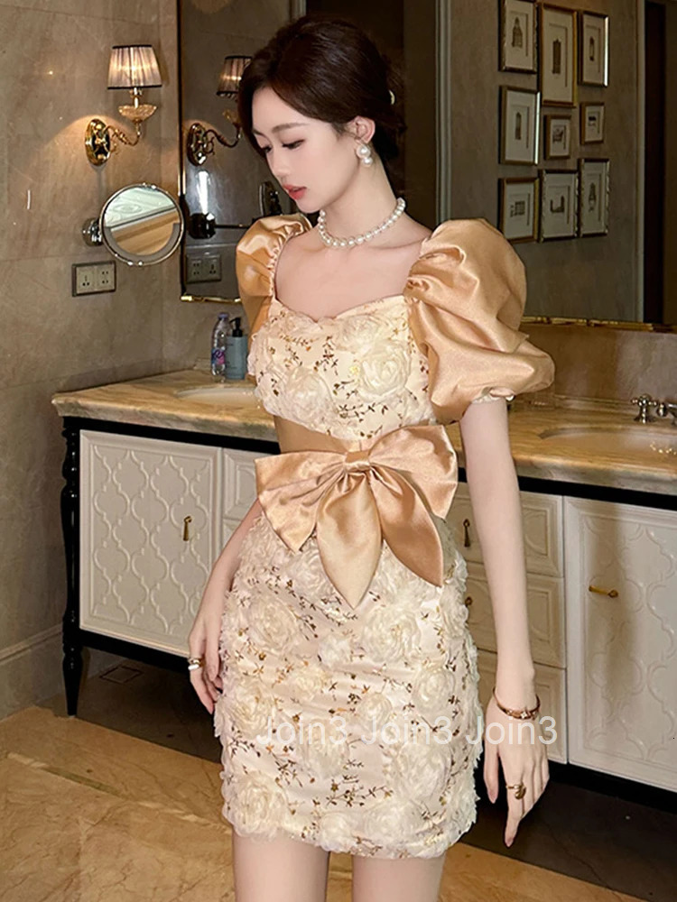New Summer Fashion Sparkly Gold Evening Short Dress Women Clothes Sweet Floral Sexy Square Collar Slim Party Prom Vestido Fiesta