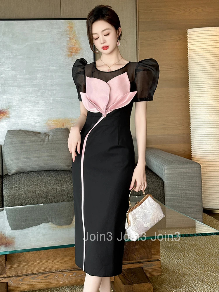 Summer Fashion Elegant Formal Occasion Evening Dress Women Clothes Sheer Sexy O-Neck Floral Slim Midi Pencil Robe Party Vestidos