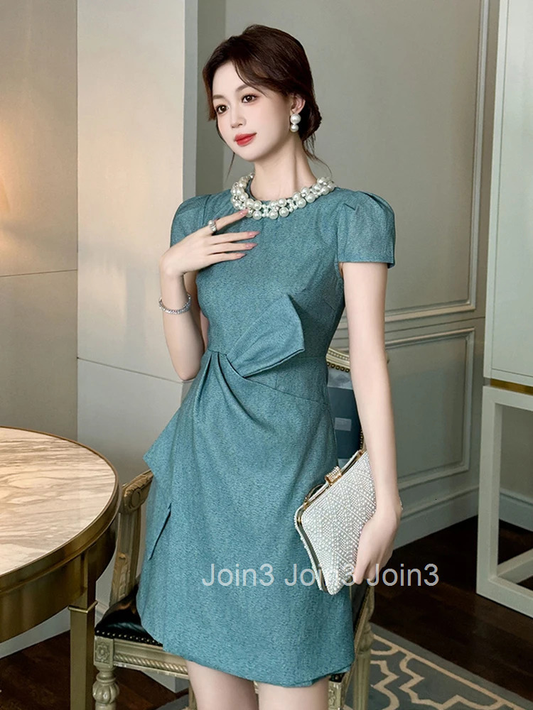New Elegant Luxury Summer Busines Formal Occasion Dress Women Clothes Pearl O-Neck Slim Asymmetrical Party Prom Vestidos Fiesta