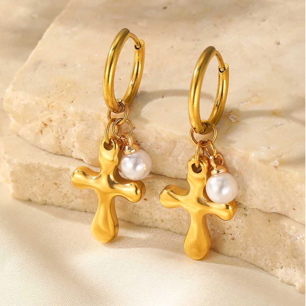 Stainless Steel Earrings Light Luxury Simple Premium Cross Small Pearl Earrings For Women Jewelry Party Commuter Matching XJ250623