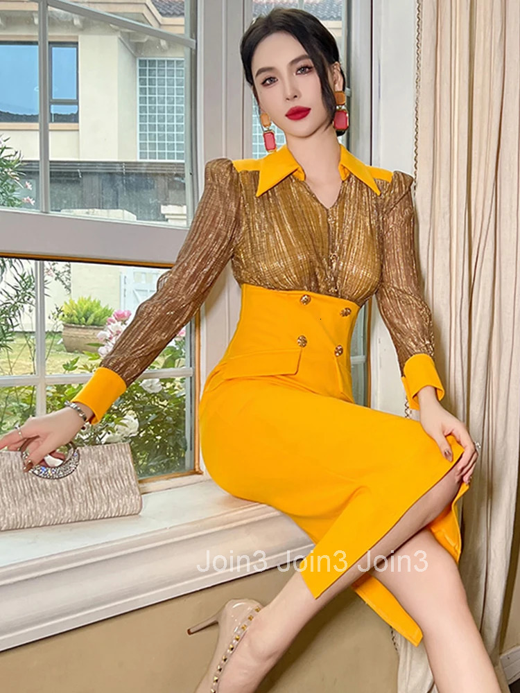 New Spring Fashion Lady Elegant Office Formal Occasion Dress Women Clothes Commute Lapel Patchwork High Waist Hip Wrap Vestidos