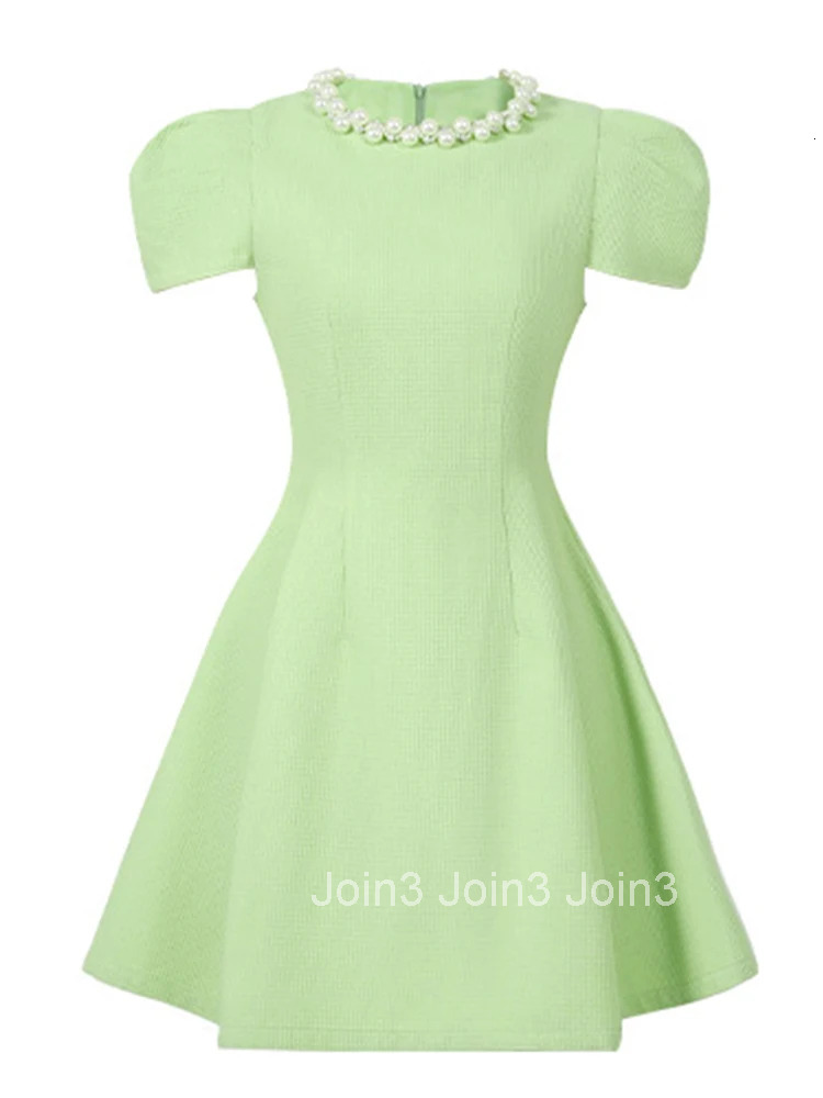 Women Clothes Sweet Pearl Puff Sleeve Slim A-Line Mini Short Dress Elegant Luxury Fashion Evening Party Prom Vestidos Casual New
