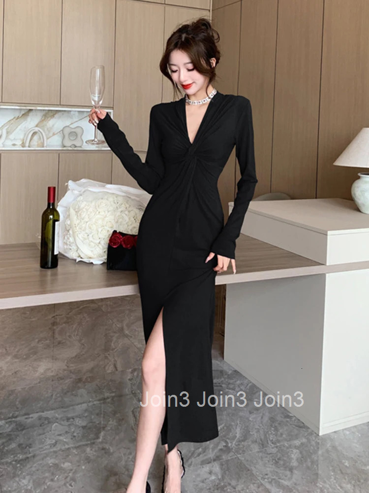 Spring Autumn Fashion Casual Stretchy Long Dress Women Elegant Solid V-Neck Folds Skinny Slit Maxi Robe Vestidos Street Clothes