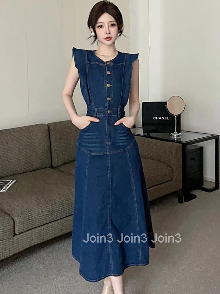 Fashion Summer Denim Long A-Line Dress For Women Lady Preppy Retro Sleeveless Slim Midi Mujer Vestidos Robe Femme Street Clothes