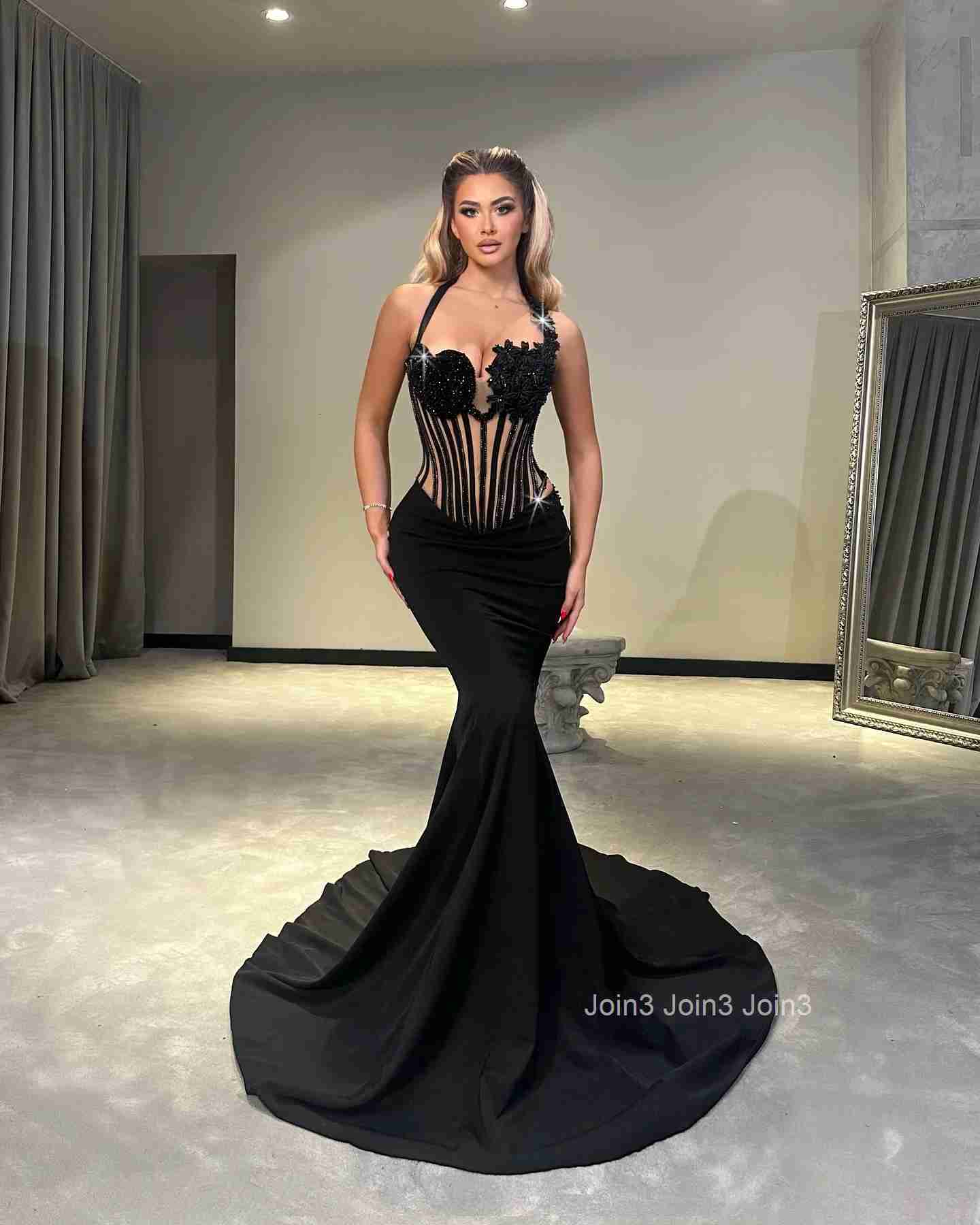 Womens Bandage Crystal Embellished Halter Dress with Sheer Bodice Sexy Black Mermaid Evening Gown Backless Prom Dress