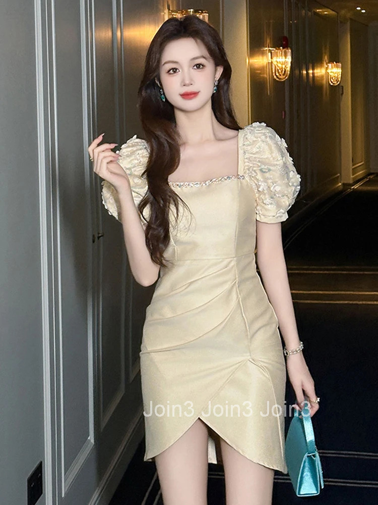 New Elegant Luxury Summer Asymmetrical Evening Dress Women Clothes Sweet Lace Puff Sleeve Slim Short Party Prom Vestidos Fiesta