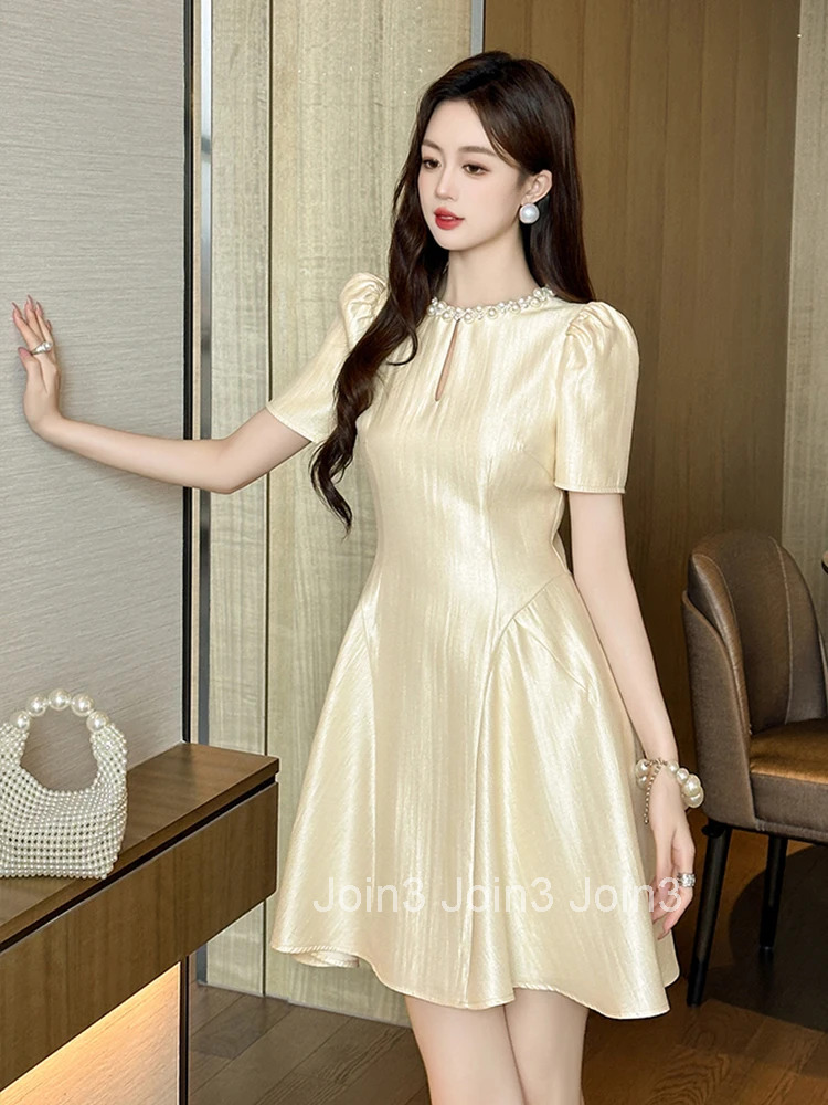 Summer Fashion Elegant Solid Gown Evening Dress Women Clothes Retro Pearl Sexy O-Neck Slim Short A-Line Party Club Prom Vestidos