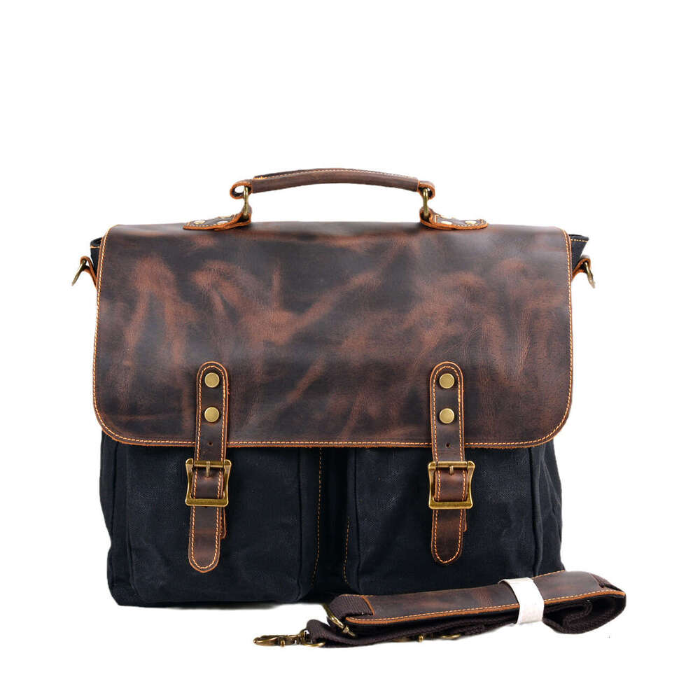 Waterproof Canvas Splicing Genuine Leather Briefcase Handbag Men's Single Shoulder Crossbody 16inch Business Laptop Bag