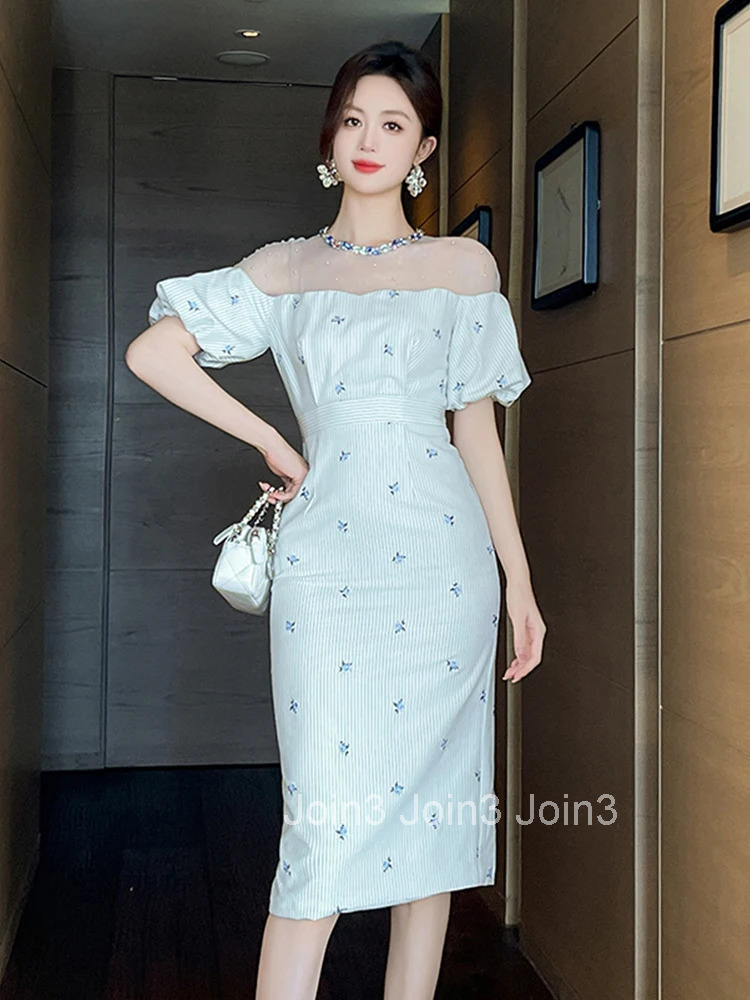 New Summer Striped Flower Embroidery Evening Dress Women Clothes Elegant Retro Bubble Sleeve Slim Midi Pencil Party Prom Vestido