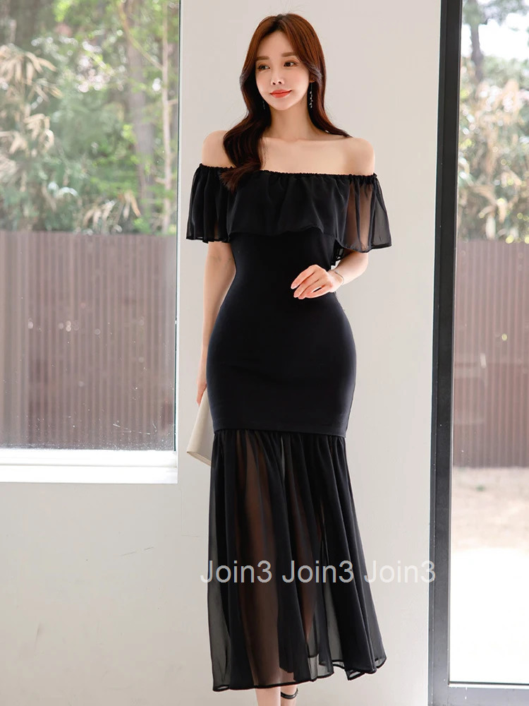 Fashion Lady Black Vacation Evening Dress Women Clothes Elegant Ruffle Sexy Off-Shoulder Slim Long Maxi Party Prom Vestidos Robe