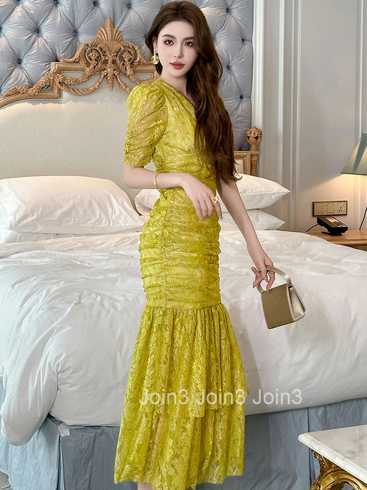 New Summer Fashion Lace Vacation Evening Long Dress Women Clothing Sweet V-Neck Folds Slim Party Prom Vestidos Fiesta Robe Femme