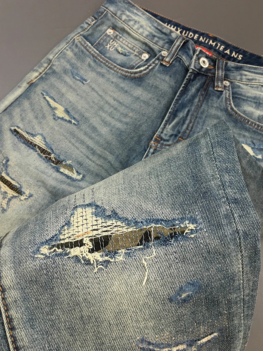 Vintage Ripped Stretch Denim Jeans for Men - Summer Lightweight American High-Street Fashion Slim Straight-Cut Cropped Pants 250617
