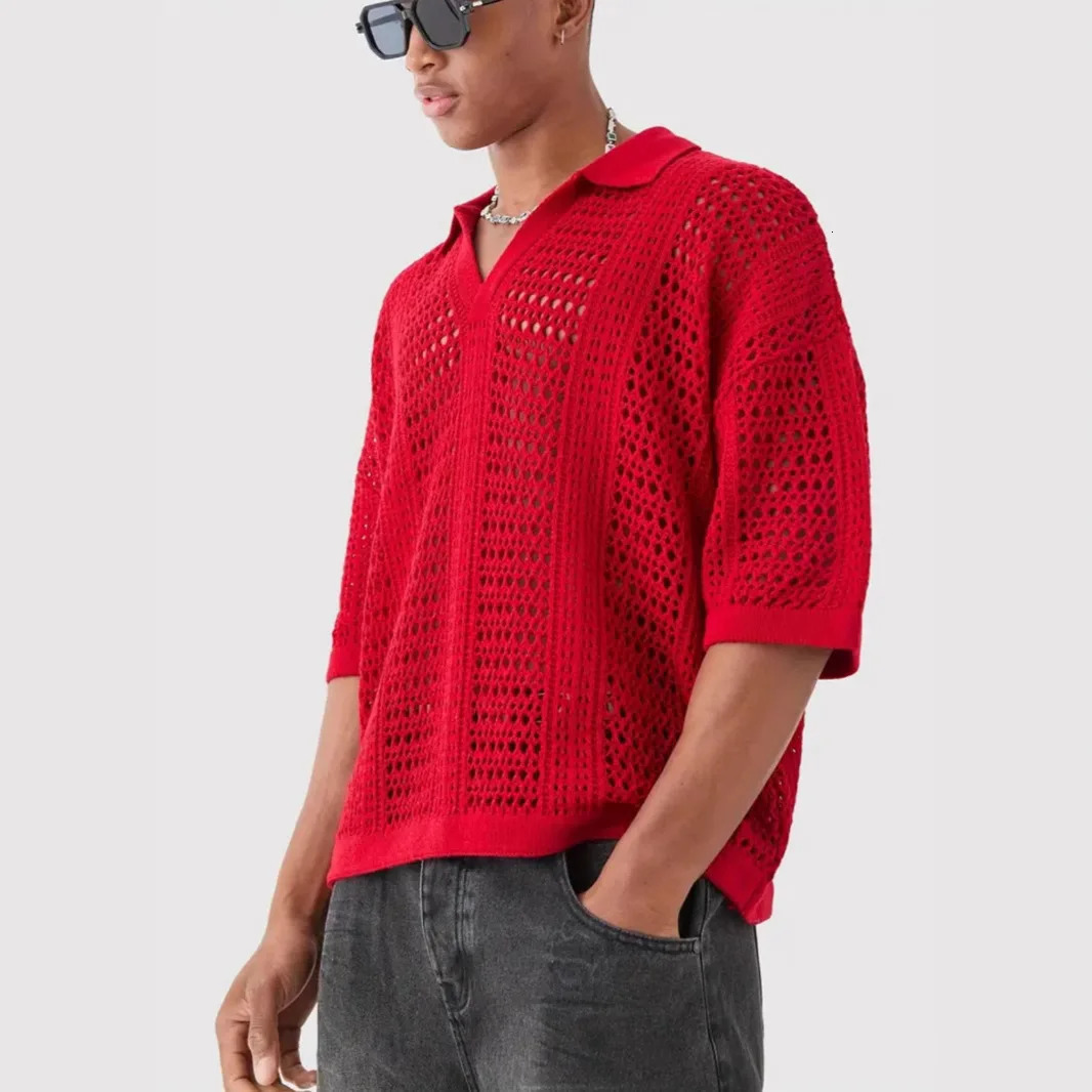 Fashion Red Knitted Polo Shirts for Men Hollow Out Mesh Texture Short Sleeve T-shirts Spring Summer Light Mature Style Knit Tops 250616