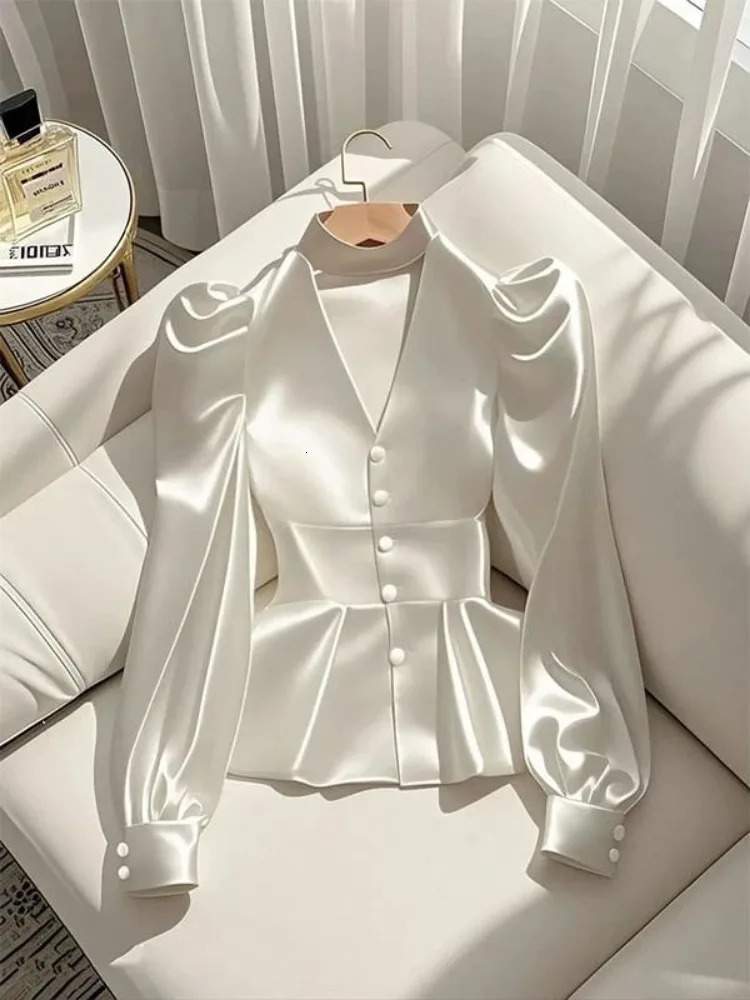 French Elegant Womens Shirt Waist Cinched White Satin Long Sleeve Shirt for Women Temperament Womens Elegant Blouses 250617