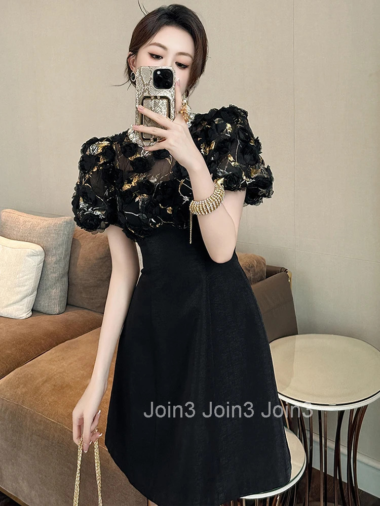 Summer Fashion Elegant Luxury Black Gown Evening Dress Women Clothes Floral Sexy Sheer O-Neck A-Line Short Party Prom Vestidos