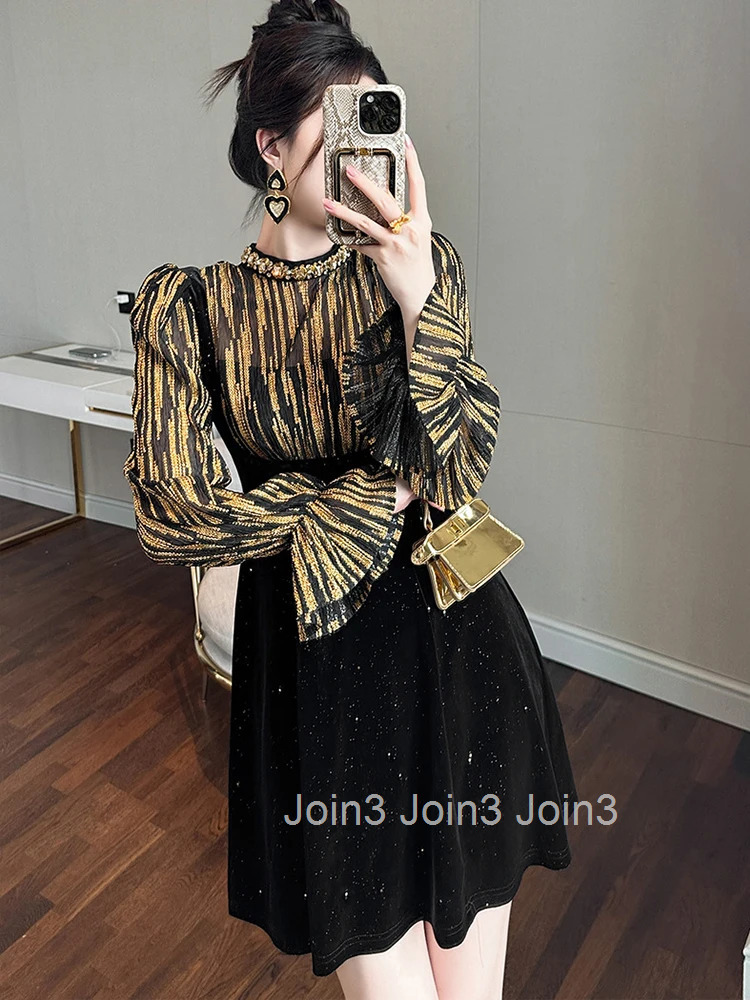 Women Clothes Sparkly Fake 2 Pieces Velvet Slim Mini Short A-Line Dress Elegant Luxury Ladies Fashion Party Prom Vestidos Spring