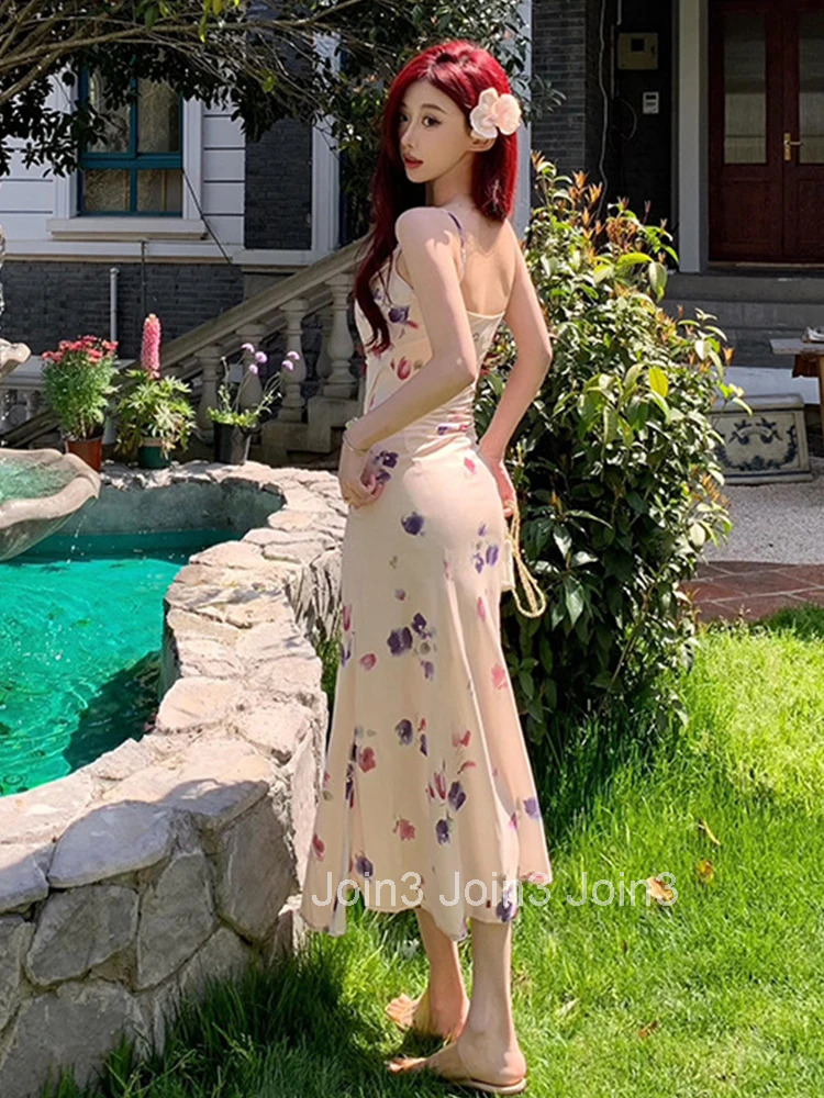 New Summer Sweet Floral Print Vacation Long Dress Women Clothes Mujer Elegant Strap Sleeveless Slim Mermaid Robe Party Vestidos