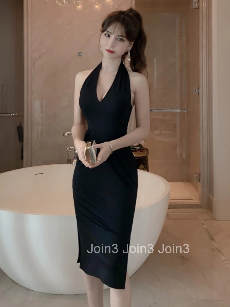 New Arrival Fashion Korean Style Bodycon Party Dress Women Elegant Summer Sexy Backless Temperament OL Black Split Pencil Dress