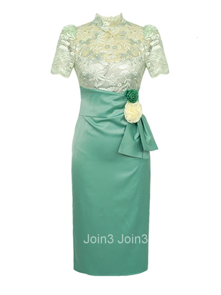 Summer Evening Dress For Women Elegant Chic Lace Spliced Satin Sheer Short Sleeve Wrap Hip Midi Party Prom Mujer Vestidos Street