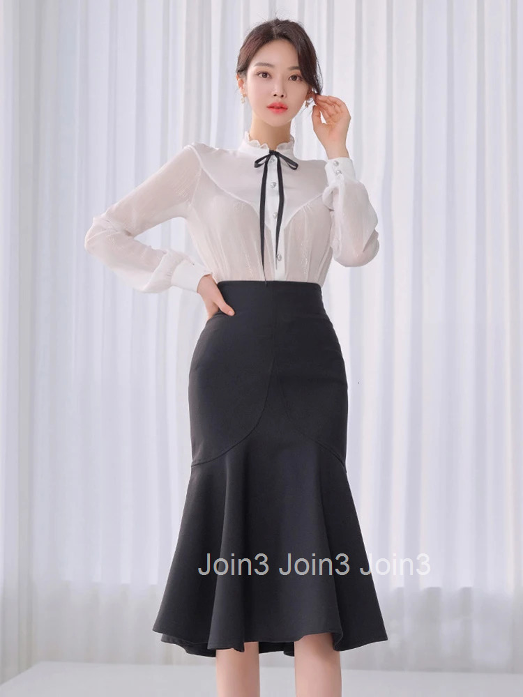New Korean Fashion Spring Autumn 2 Pieces Outfits Elegant Women White Sparkly Bright Silk Tops Shirt Blouse Midi Skirt Mujer Set