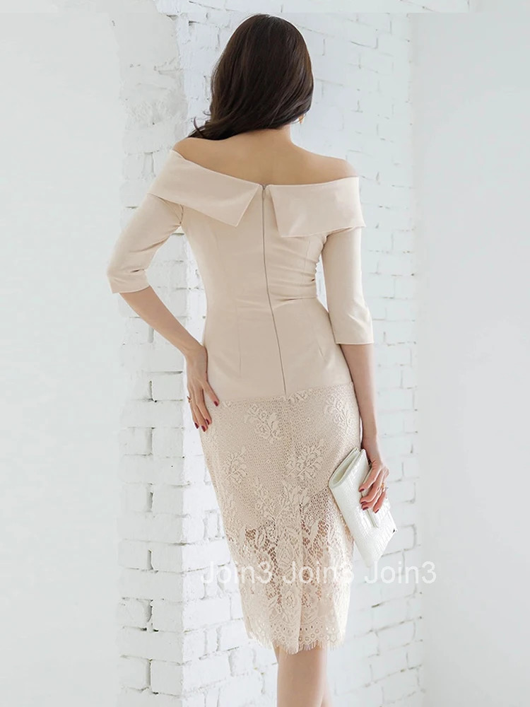 Korean Fashion Summer Lace Spliced Midi Pencil Dress Women Clothes Vintage Elegant Sexy Off-Shoulder Skinny Party Prom Vestidos