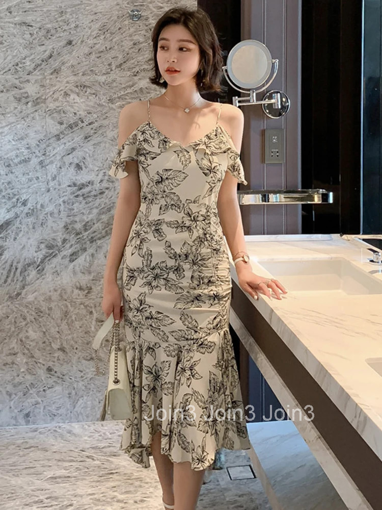 New Summer Women Elegant Evening Dress Chic Floral Sexy Strap Ruffle Slim Midi Dresses Party Club Beach Prom Robe Femme Vestidos