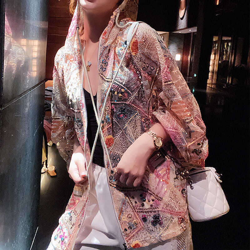 Long Sleeves Hoodie Outerwear European Chic Women Sequins Jacket Elegant Colorful Bling Floral Pink Coat Casual Loose Ins Spring