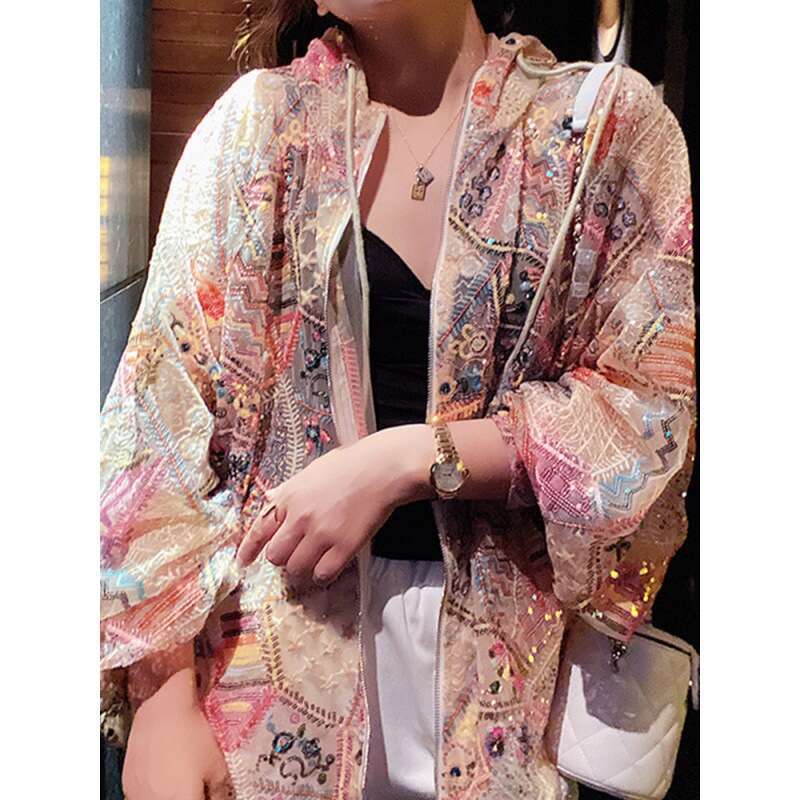 Long Sleeves Hoodie Outerwear European Chic Women Sequins Jacket Elegant Colorful Bling Floral Pink Coat Casual Loose Ins Spring