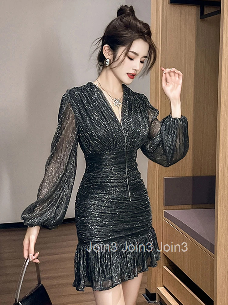 Fashion Lady Sparkly Bright Silk Evening Mini Short Dress Women Clothing Elegant Sexy V-Neck Slim Fishtail Party Prom Vestidos