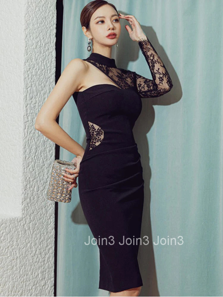 new arrival fashion spring midi party night club dress women OL temperament one-shoulder perspective lace black pencil dress