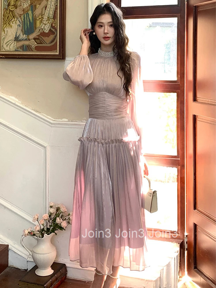 French Romance Vacation Evening Dress Women Clothes Sweet Fairycore Pearl Folds Maxi Robe Birthday Party Holiday Vestidos Spring