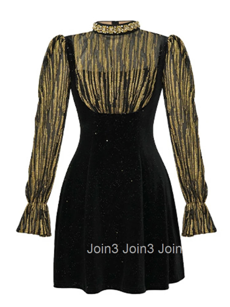 Women Clothes Sparkly Fake 2 Pieces Velvet Slim Mini Short A-Line Dress Elegant Luxury Ladies Fashion Party Prom Vestidos Spring