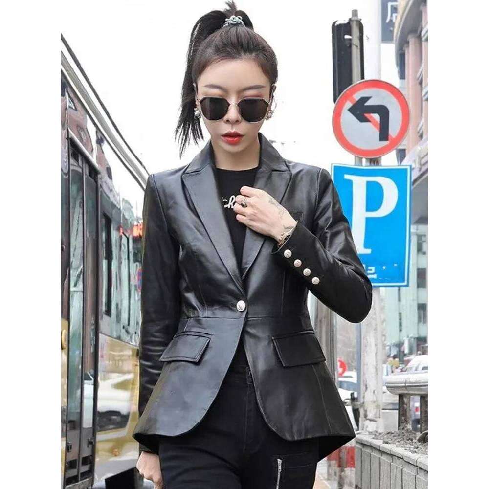 New Designer Office Ladies Back Hollow Out Button Slim Fit Blazer Work Suit Coat Women Natural Sheepskin Genuine Leather Jacket