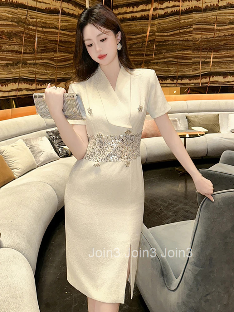 Women Clothes Business Formal Occasion Sequin Splicing Short Sleeve Slim Midi Pencil Dress Elegant Fashion Vestidos Summer New