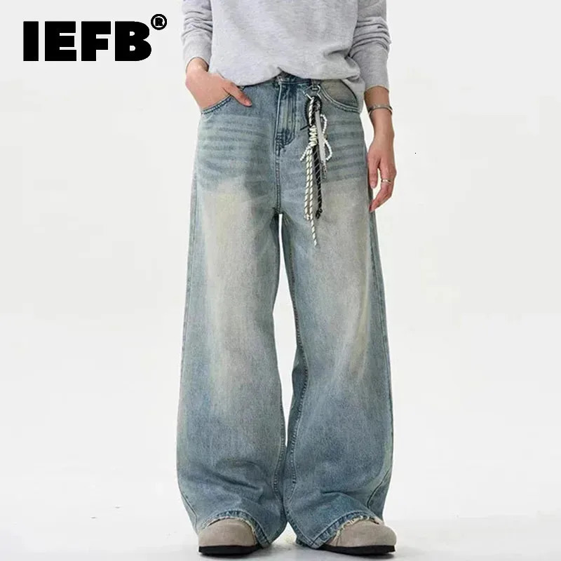 IEFB Distressed Jeans Solid Color Washing Summer Men Trousers Loose Wide Leg Casual Straight Mustache Effect Male Bottom 9W665 250616