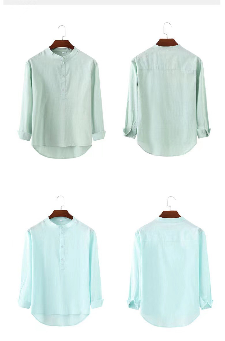 Designer T-shirt men's bamboo joint cotton and linen shirt casual stand-up collar solid color long-sleeved shirt WISH shirt S-3XL (European Size)