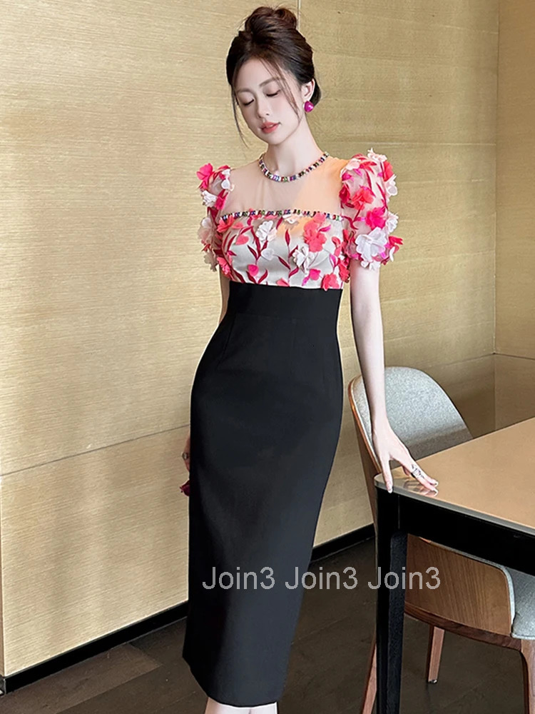 Women Clothes Sweet Floral Sexy Puff Sleeve Slim Midi Pencil Dress Elegant Luxury Fashion Evening Party Vestidos Formal Occasion