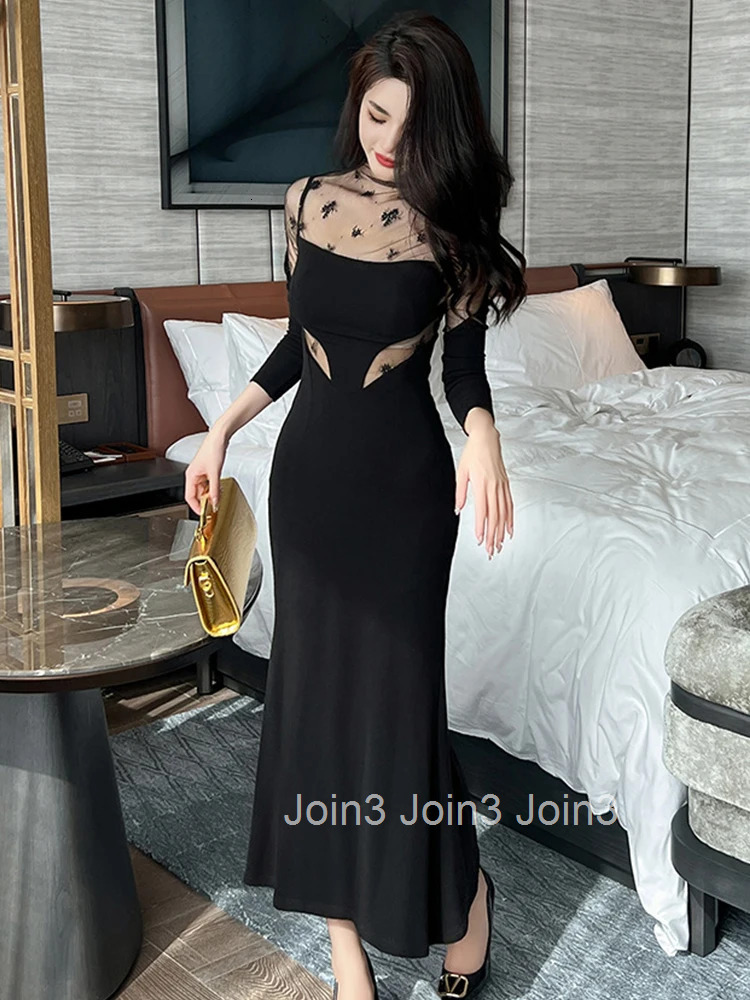 Ladies Christmas Sexy Evening Long Dresses Mujer Women Clothes Mesh Sheer Skinny Slim Maxi Party Prom Robe Femme Vestido Fashion