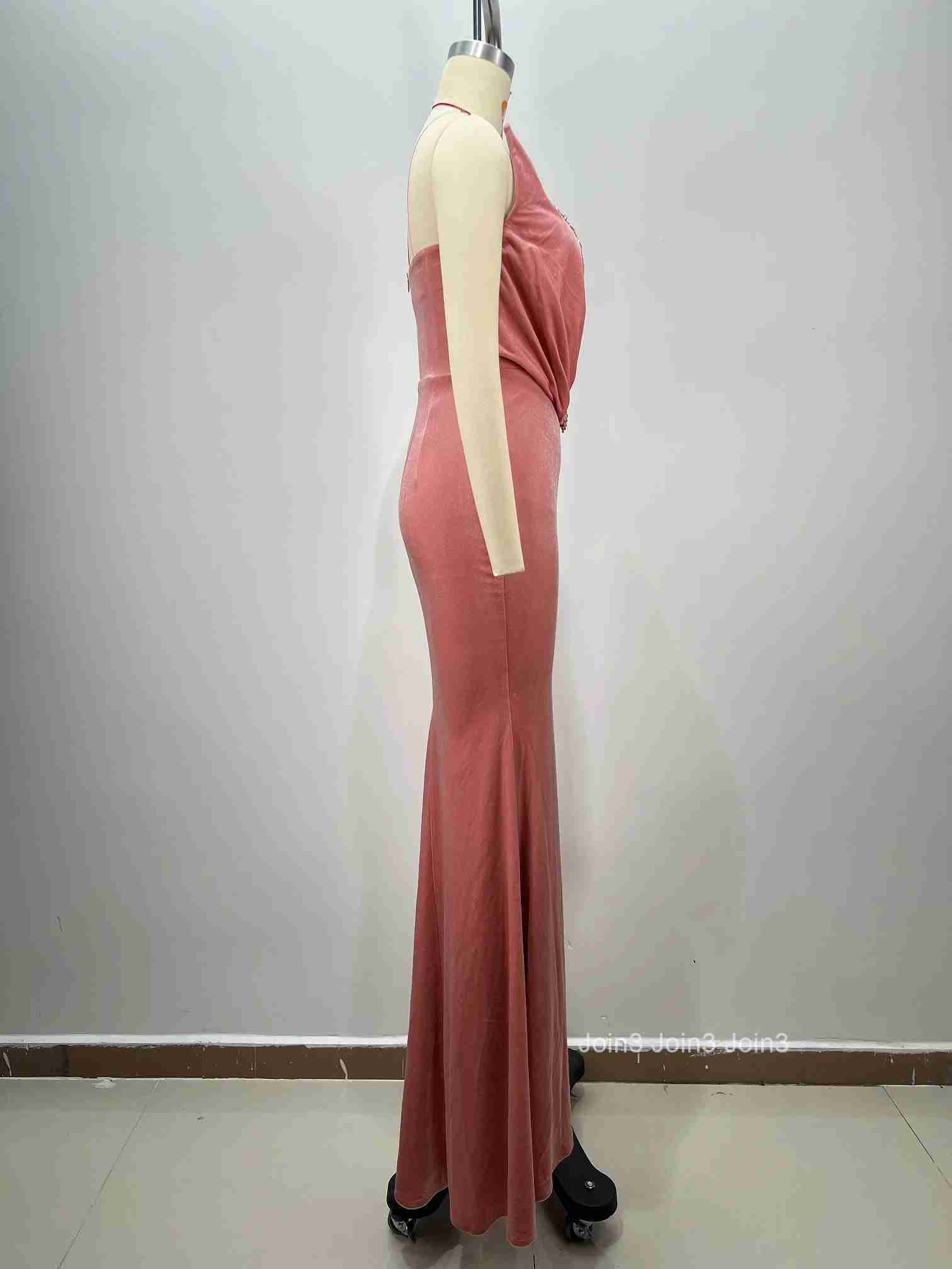 Autumn Pink Strapless Dress Fashion Banquet Dress Diamonds Studded Gauze Splicing Sexy Backless Womens Clothing Elegant Wear