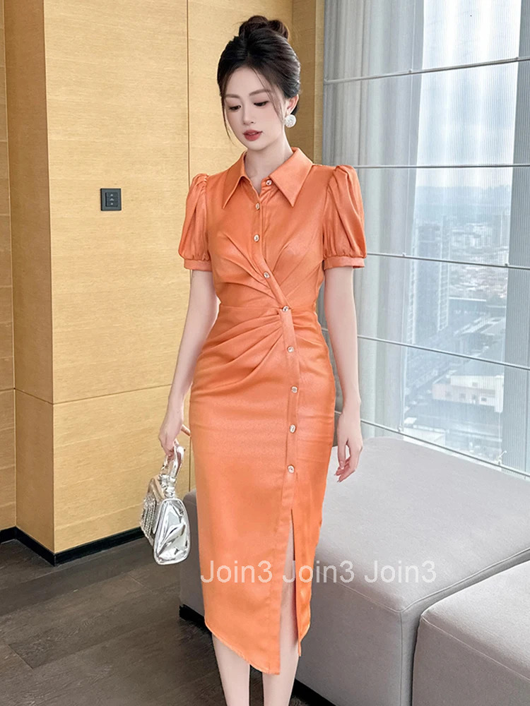 New Summer Fashion Single Breasted Irregular Pencil Dress Women Clothes Elegant Casual Puff Sleeve Slim Slit Folds Midi Vestidos