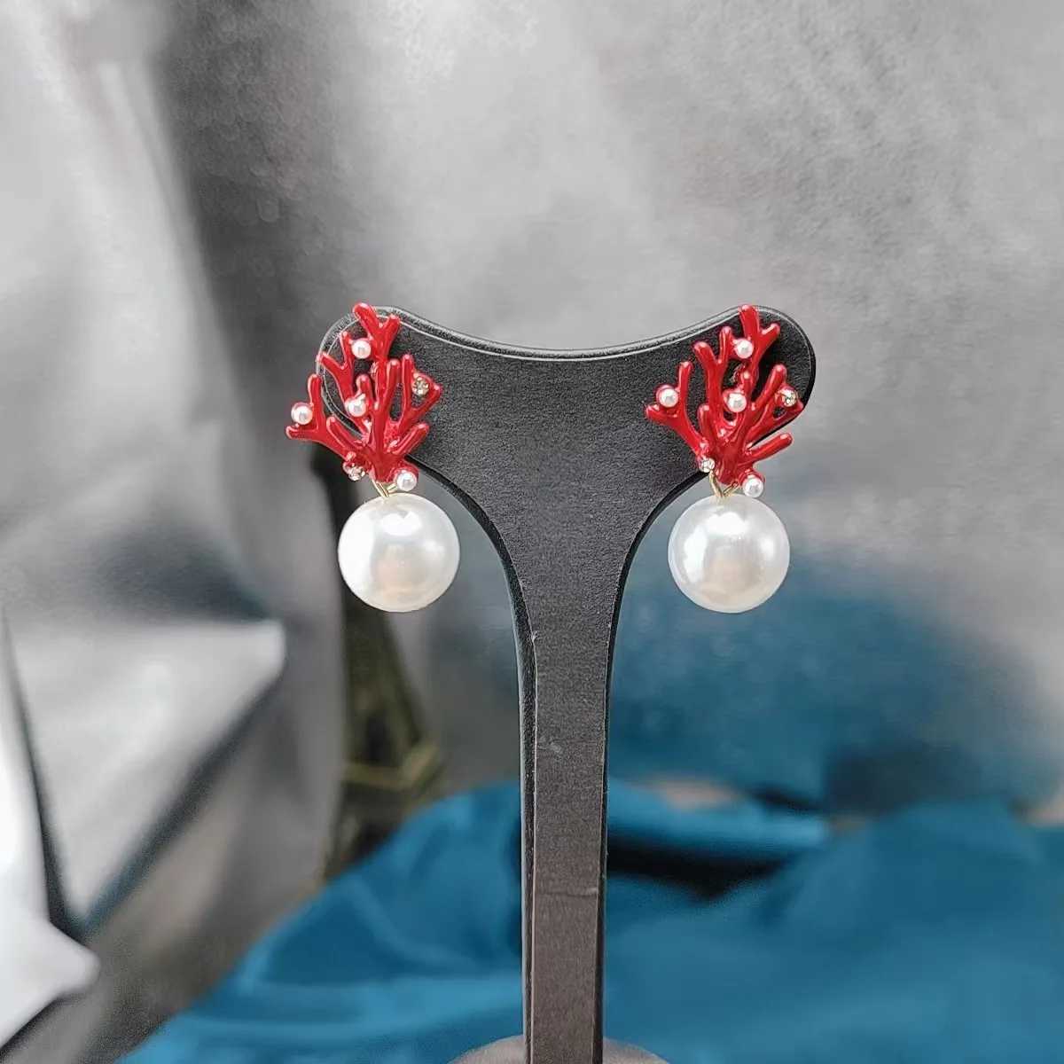 2024 Chic Jewelry Accessories Womens Fashion Faux Pearl Drop Red Coral Branch Statement Earrings with Mini RhinestonesXJ250623